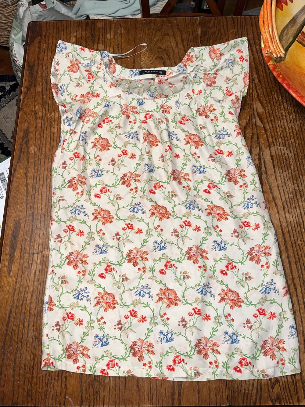 Zara 100% Silk shift dress  with Red, Blue & Green Floral Print